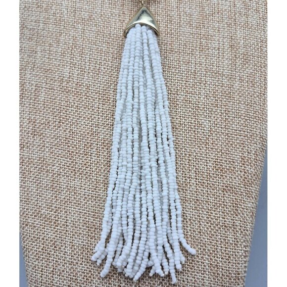 Boho Statement Necklace White Tassel AB Wash Beads Gold Tone Chain Asymmetrical - Picture 2 of 7